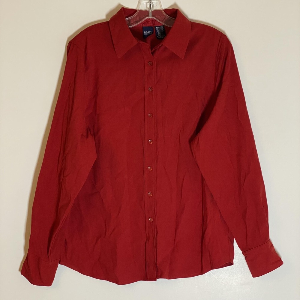 Basic Editions Shirt‎ Womens Medium Red Button Front Long Sleeve Stretch Blouse